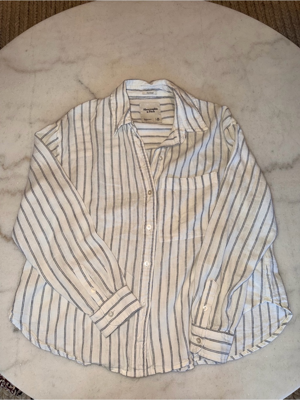 Abercrombie & Fitch White and Navy Vertical Stripe Button-Down Shirt